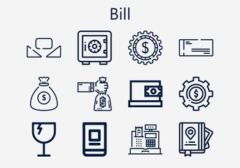Premium set of bill [S] icons. Simple bill icon pack. Stroke vector illustration on a white background. Modern outline style icons collection of Guide, Fragile, Online banking, Safe deposit, Dollar