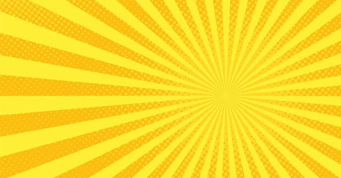 Pop art background. Comic cartoon texture with halftone and sunburst. Yellow starburst pattern. Retro effect with dots. Vintage sunshine banner. Superhero wow backdrop. Vector illustration.