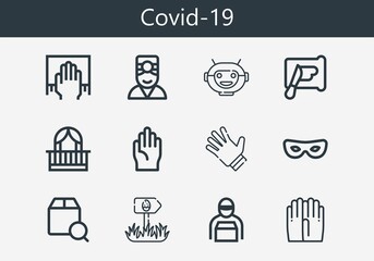 Premium set of covid-19 line icons. Simple covid-19 icon pack. Stroke vector illustration on a white background. Modern outline style icons collection of Robot mask, Gloves