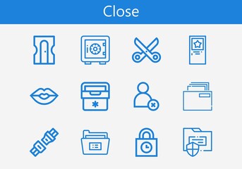 Premium set of close line icons. Simple close icon pack. Stroke vector illustration on a white background. Modern outline style icons collection of Seat belt, Padlocks, Safe deposit