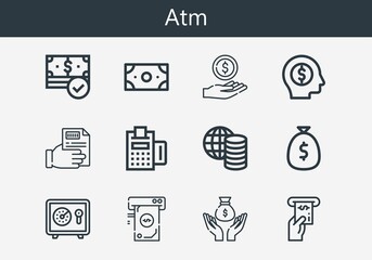Premium set of atm line icons. Simple atm icon pack. Stroke vector illustration on a white background. Modern outline style icons collection of Money, Payment, Receipt, Safebox