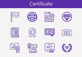 Premium set of certificate line icons. Simple certificate icon pack. Stroke vector illustration on a white background. Modern outline style icons collection of Diploma, Law, Iso, Quality, Laurel