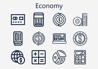 Premium set of economy [S] icons. Simple economy icon pack. Stroke vector illustration on a white background. Modern outline style icons collection of Coin, Newspaper, Refund, Dollar, Calculator