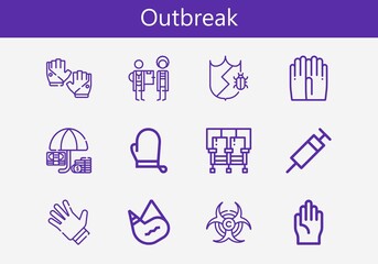 Premium set of outbreak line icons. Simple outbreak icon pack. Stroke vector illustration on a white background. Modern outline style icons collection of Biohazard, Canteen