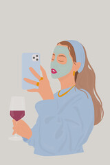 Hand drawn vector portrait of a young woman taking selfie while using facial mask and drinking wine