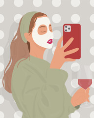 Hand drawn vector portrait of a young woman taking selfie while using facial mask and drinking wine