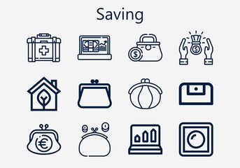 Premium set of saving [S] icons. Simple saving icon pack. Stroke vector illustration on a white background. Modern outline style icons collection of Eco, Purse, First aid, Dimmer, Profits, Profit