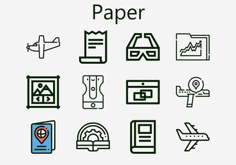 Premium set of paper [S] icons. Simple paper icon pack. Stroke vector illustration on a white background. Modern outline style icons collection of Airplane, Passport, Receipt, Book, 3d glasses