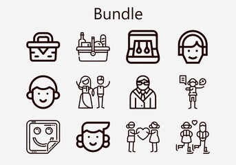 Premium set of bundle [S] icons. Simple bundle icon pack. Stroke vector illustration on a white background. Modern outline style icons collection of Earrings, Sticker, Picnic, Acting, Couple