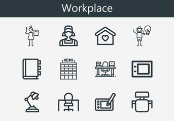 Premium set of workplace line icons. Simple workplace icon pack. Stroke vector illustration on a white background. Modern outline style icons collection of Graphic designer, Office, Study