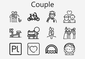 Premium set of couple [S] icons. Simple couple icon pack. Stroke vector illustration on a white background. Modern outline style icons collection of Prelude, Bench, Ring, Couple, Newlyweds, Tandem