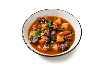 Irish stew made with beef, potatoes, carrots and herbs. Traditional St patrick's day dish. isolated on white background	