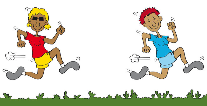 Fitness Laufen Cartoon mit zwei Frauen als L&auml;uferinnen, global running day