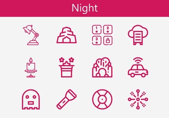 Premium set of night line icons. Simple night icon pack. Stroke vector illustration on a white background. Modern outline style icons collection of Autonomous car, Cave, Candle, Game, DJ
