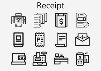 Premium set of receipt [S] icons. Simple receipt icon pack. Stroke vector illustration on a white background. Modern outline style icons collection of Invoice, Online banking, Receipt, Online payment