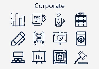 Premium set of corporate [S] icons. Simple corporate icon pack. Stroke vector illustration on a white background. Modern outline style icons collection of Office, Law, Labyrinth, Stats, Pen