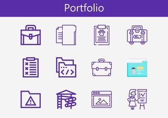 Premium set of portfolio line icons. Simple portfolio icon pack. Stroke vector illustration on a white background. Modern outline style icons collection of Briefcase, Slider, Report, Picture