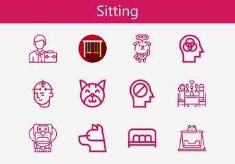 Premium set of sitting line icons. Simple sitting icon pack. Stroke vector illustration on a white background. Modern outline style icons collection of Bench, Romantic dinner, Mind
