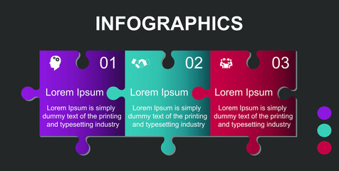 Business data visualization, infographics. Scheme of the process of elements using graphics, diagrams in three stages, numbers, options, parts. Business vector for presentation. 