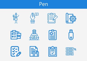 Premium set of pen line icons. Simple pen icon pack. Stroke vector illustration on a white background. Modern outline style icons collection of Graphic designer, Anchor point, Notepad, Inkwell