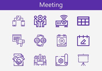 Premium set of meeting line icons. Simple meeting icon pack. Stroke vector illustration on a white background. Modern outline style icons collection of Projector, Projector screen