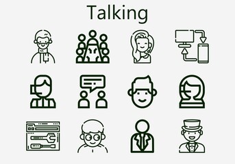 Premium set of talking [S] icons. Simple talking icon pack. Stroke vector illustration on a white background. Modern outline style icons collection of Call center, Support, Meeting, Businessman
