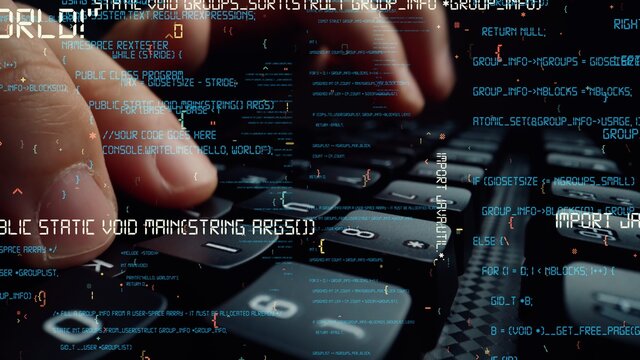 Creative visual of computer programming coding and software development shown by man working on computer keyboard with overlay of computer graphic displaying abstract program codes and computer script