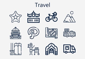 Fototapeta premium Premium set of travel [S] icons. Simple travel icon pack. Stroke vector illustration on a white background. Modern outline style icons collection of Mountains, Path, Ski, Airplane, Arch
