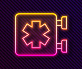 Obraz premium Glowing neon line Medical symbol of the Emergency - Star of Life icon isolated on black background. Vector