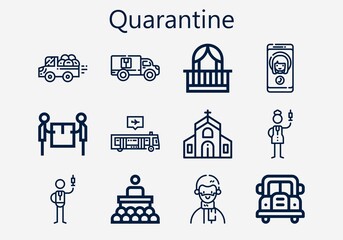 Premium set of quarantine [S] icons. Simple quarantine icon pack. Stroke vector illustration on a white background. Modern outline style icons collection of Bus, Call, Church, Balcony, Pick up