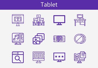 Premium set of tablet line icons. Simple tablet icon pack. Stroke vector illustration on a white background. Modern outline style icons collection of Pills, Desktop, Ebook