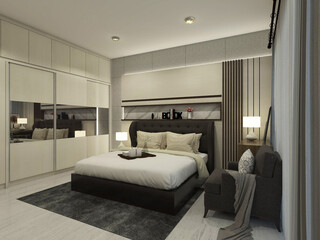 comfortable bedroom with luxurious headboard decoration and wooden wardrobe cabinet