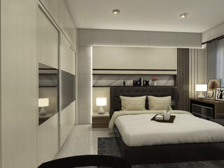 luxury bedroom design with headboard panel decoration and wooden wardrobe clothes cabinet