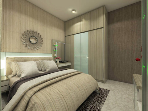 interior of a hotel room in vintage style with comfortable bed cover and wooden wardrobe clothes