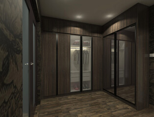 industrial fitting room concept using parquet flooring with wooden wardrobe clothes and showcase display cabinet 