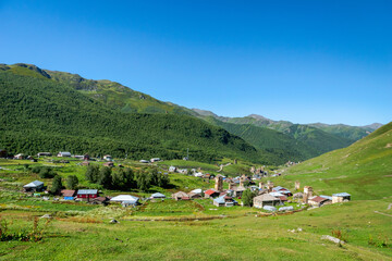 Fototapeta na wymiar Ushguli village landscape at sunset in Svaneti region, Georgia - UNESCO world heritage site area