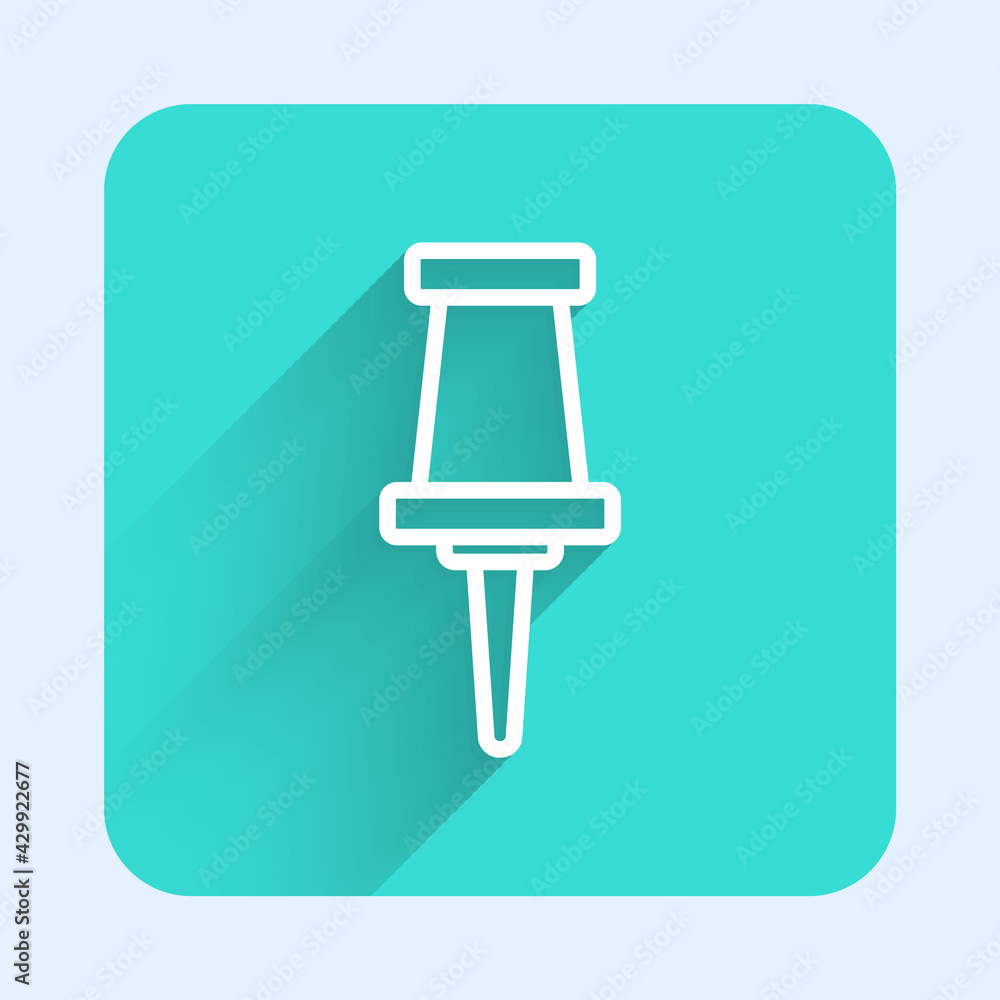 Poster white line push pin icon isolated with long shadow. thumbtacks sign. green square button. vector