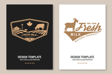 Dairy farm. Only fresh milk. Vector. Flyer, brochure, banner, poster design with cow, goat and farm silhouette. Template for dairy and milk farm business - shop, market, packaging and menu