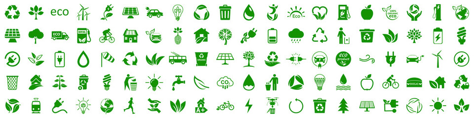 Set of 100 ecology icons. Eco green signs. Nature symbol – stock vector