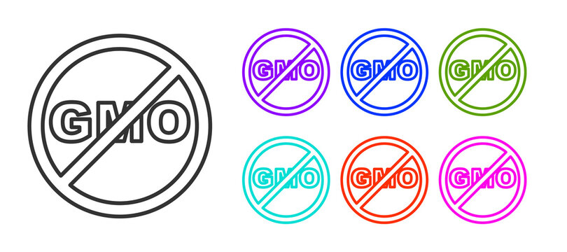 Black line No GMO icon isolated on white background. Genetically modified organism acronym. Dna food modification. Set icons colorful. Vector