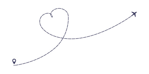 Airplane dashed line path flat style design vector illustration isolated on white background. The plane icon follow from start pin point to finish by dashed line. Airplane route trace flight air map.