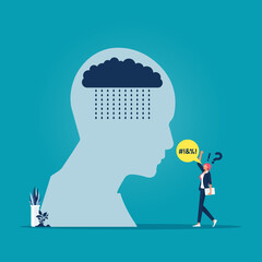 Corporate reprimanding and bullying concept, Silhouette sad woman or woman with rain clouds in head with businesswoman bully screaming, bullies and oppression