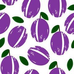 Plum textured pattern for decoration design. Seamless pattern illustration with a clipping mask. Purple plum with a leaf on a white background.