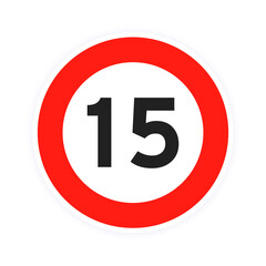 Speed limit 15 round road traffic icon sign flat style design vector illustration isolated on white background. Circle standard road sign with number 15 kmh. - obrazy, fototapety, plakaty
