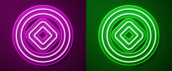 Glowing neon line Chinese Yuan currency symbol icon isolated on purple and green background. Coin money. Banking currency sign. Cash symbol. Vector