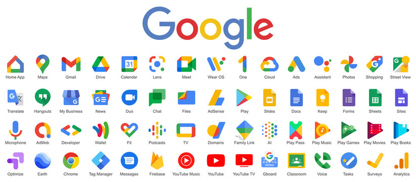 Kiev, Ukraine - April 25, 2021: Google product icons. Official application icon Google. Big collection symbols. Isolated new Google products. Editorial vector