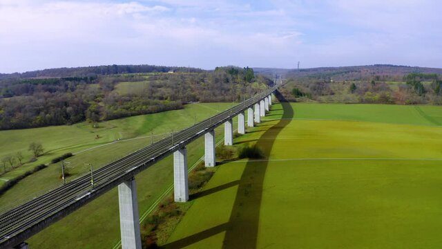 Aerial view , flight to Bridge for ICE express trains over a valley near Zelligen, Bavaria, Germany