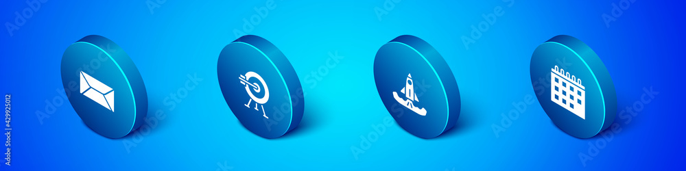 Poster set isometric envelope, rocket, calendar and target with arrow icon. vector