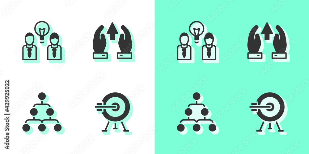 Poster set target with arrow, people lamp bulb, hierarchy organogram chart and growth and progress icon. ve
