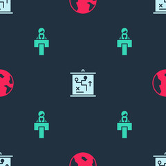 Set Earth globe, Planning strategy concept and Stage stand or tribune on seamless pattern. Vector